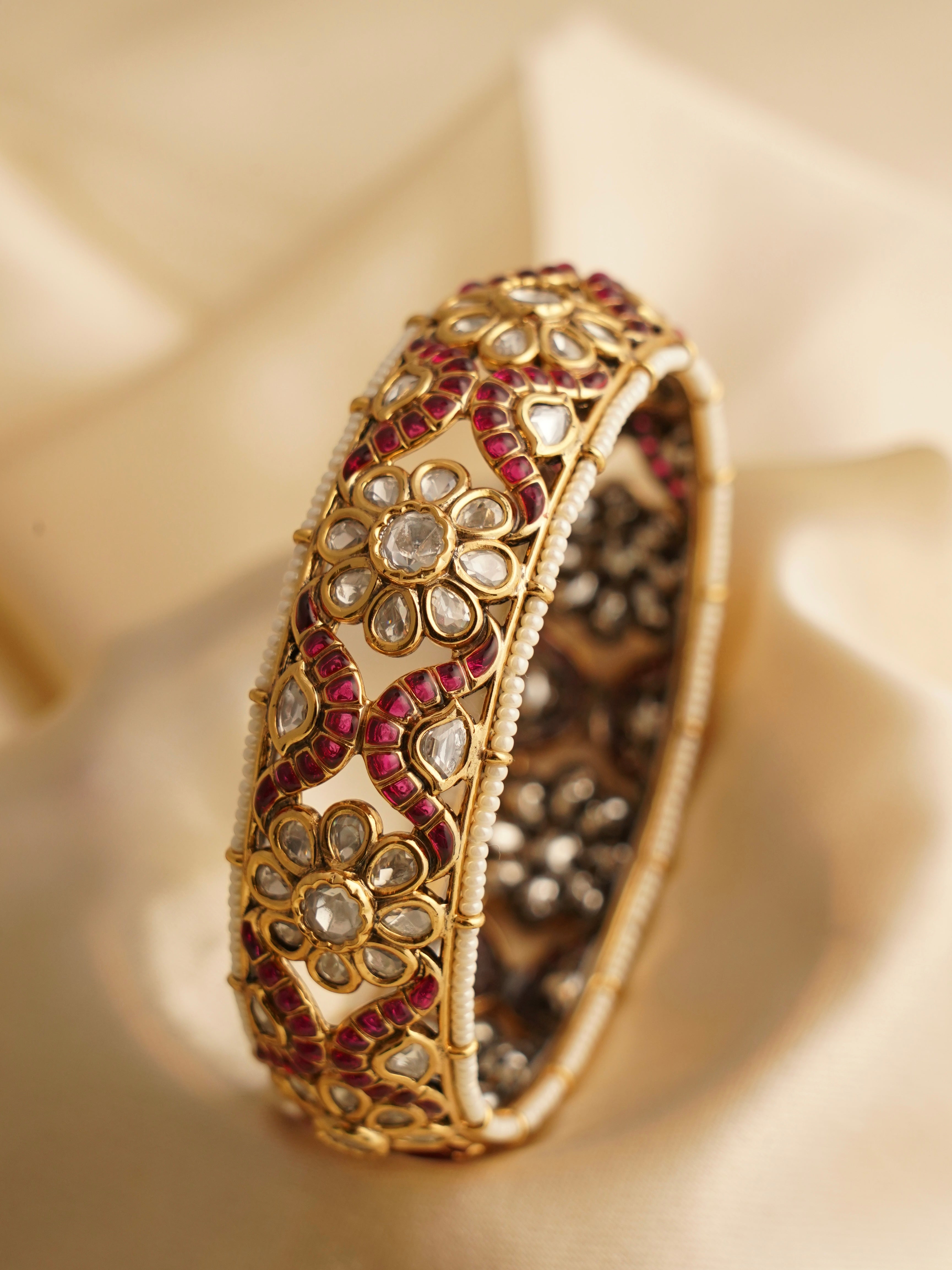 Moissanite polki kada with uncut diamond accents and handcrafted gold openable design